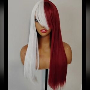 White & Burgundy Long Straight Synthetic Wig - Two-Tone Fashion Hair